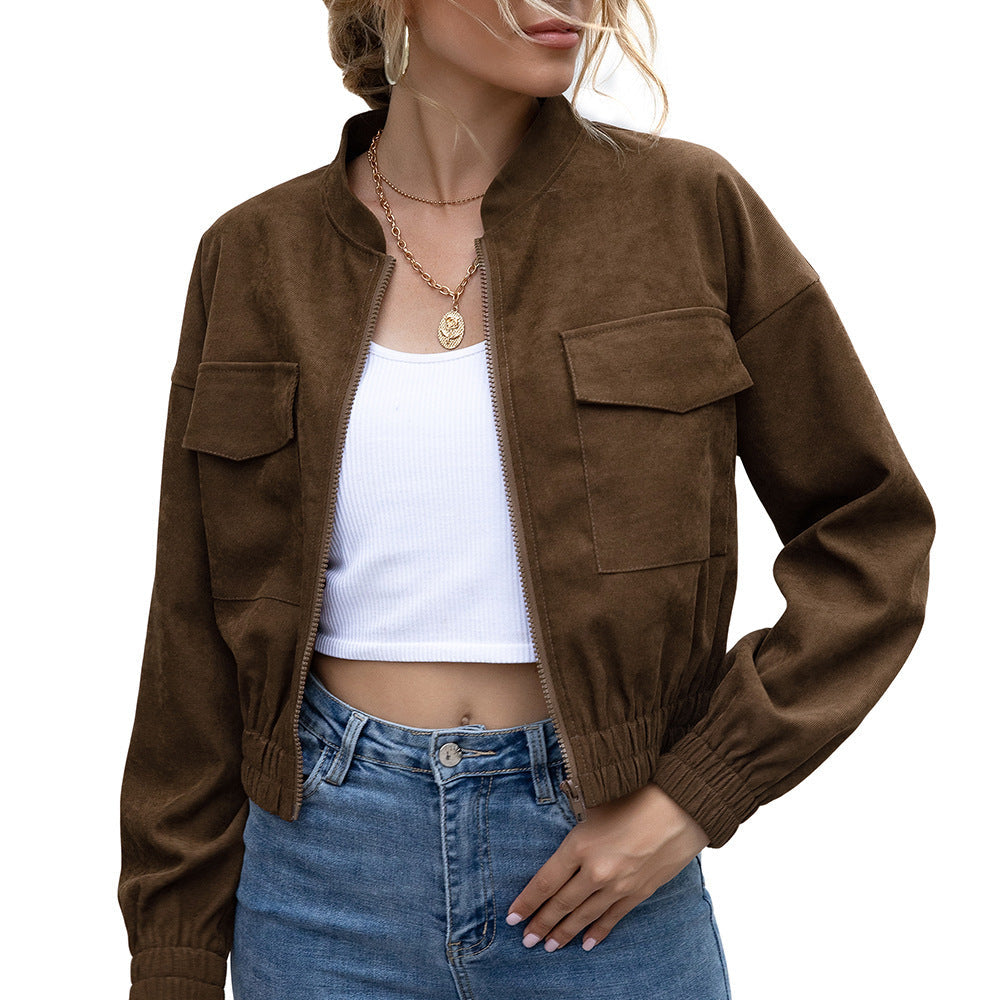 Women's Bomber Jacket with Elastic Waist and Patch Pockets