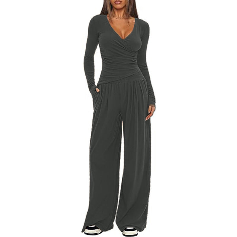 Women's Elegant Wrap Jumpsuit with Wide Leg and Fashionable Details