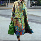 Women's Floral Print Maxi Coat with Elegant Lapel Collar and Flared Hem
