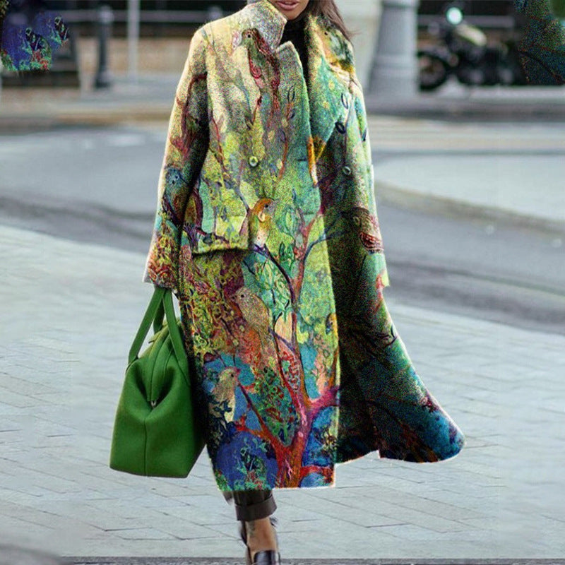 Women's Floral Print Maxi Coat with Elegant Lapel Collar and Flared Hem