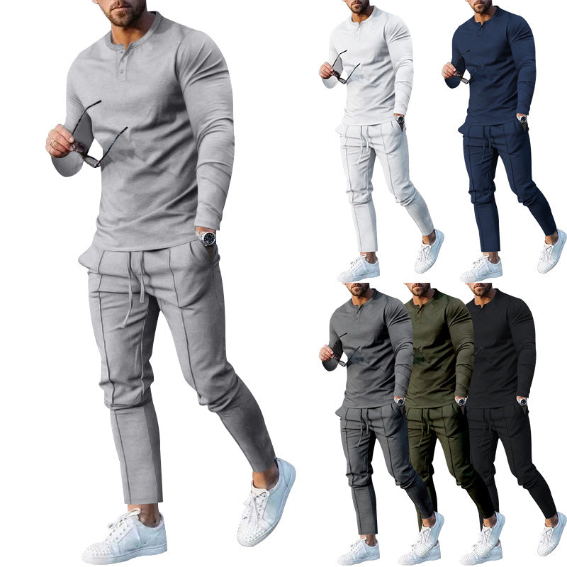 Men's nano athletic Henley long sleeve shirt and tapered jogging pants with decorative seams