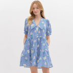 Women's Floral Dress with Striped Design and Button Placket