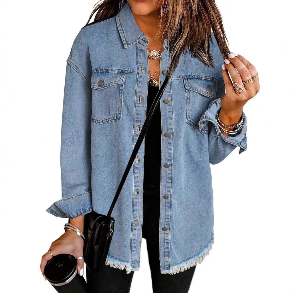 Women's Denim Overshirt with Frayed Hem