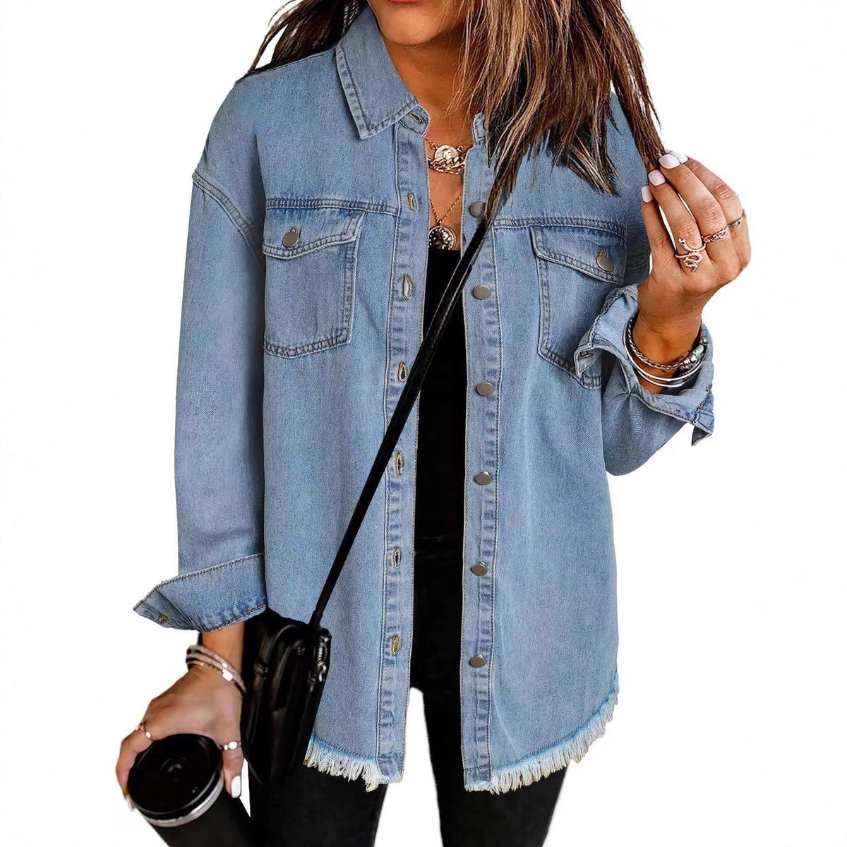 Women's Denim Overshirt with Frayed Hem