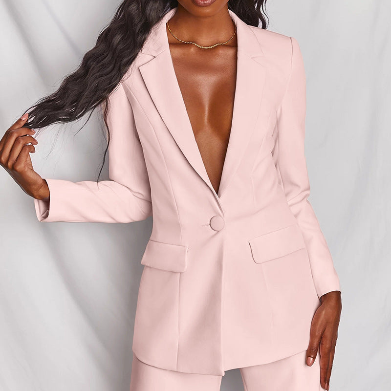 Elegant Tailored Two-Piece Set with Deep V-Lapel Blazer and Wide-Leg Pleated Trousers