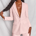 Elegant Tailored Two-Piece Set with Deep V-Lapel Blazer and Wide-Leg Pleated Trousers
