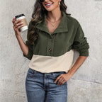Women's Cozy Oversized Button-Front Sweater with Color-Block Design