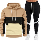 Men's sporty hoodie and jogger set with contrast trims, kangaroo pocket, elastic waistband, and tapered leg