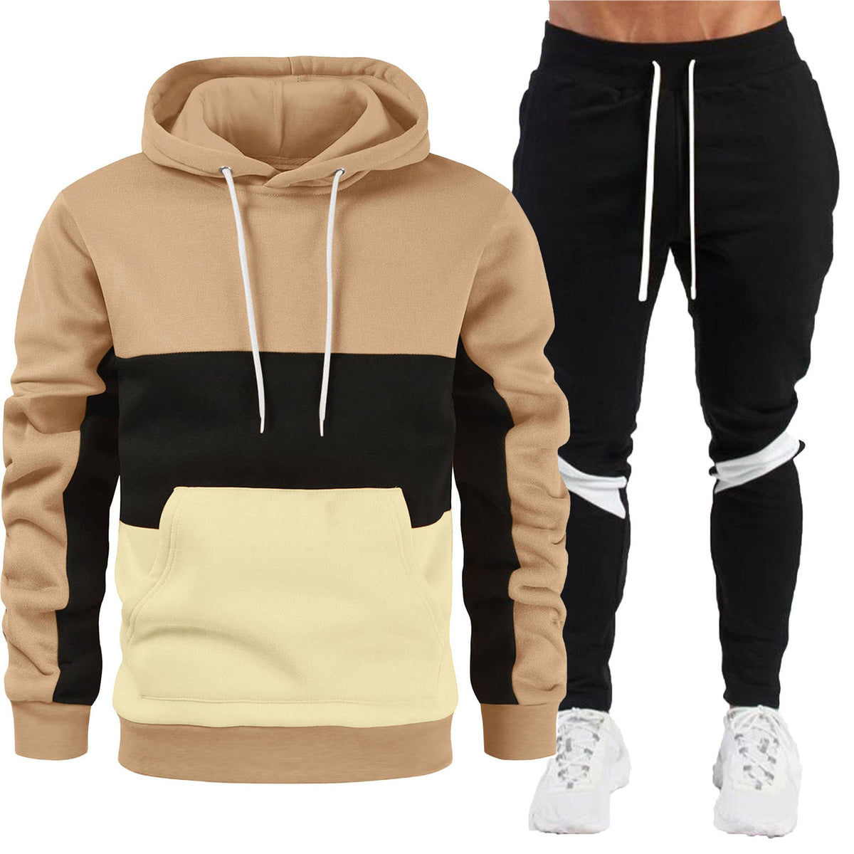 Men's sporty hoodie and jogger set with contrast trims, kangaroo pocket, elastic waistband, and tapered leg