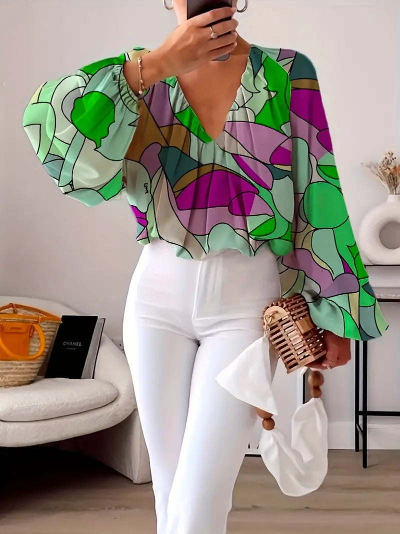 Blouse with V-Neck and Fashionable Graphic Design