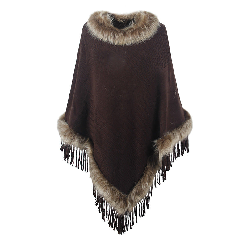 Women's Elegant Poncho with Faux Fur Collar and Fringe