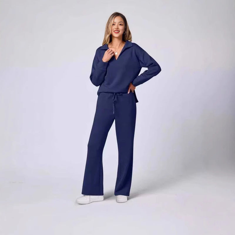 Women's Casual Lounge Set with Wide Cut and Cozy V-Neck
