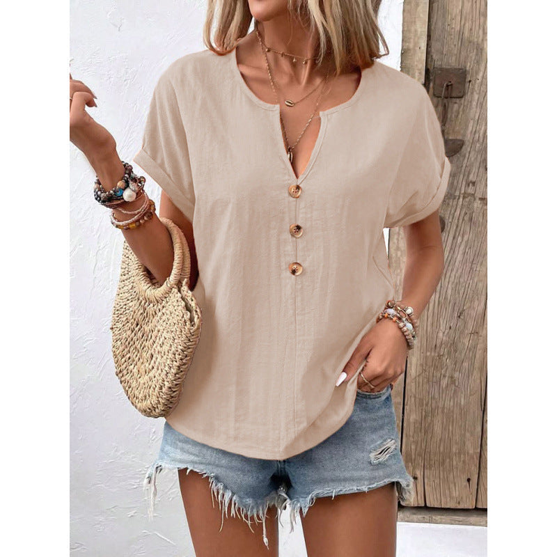 Women's Casual Button-Down Blouse with Round Neck