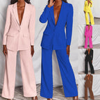 Elegant Tailored Two-Piece Set with Deep V-Lapel Blazer and Wide-Leg Pleated Trousers