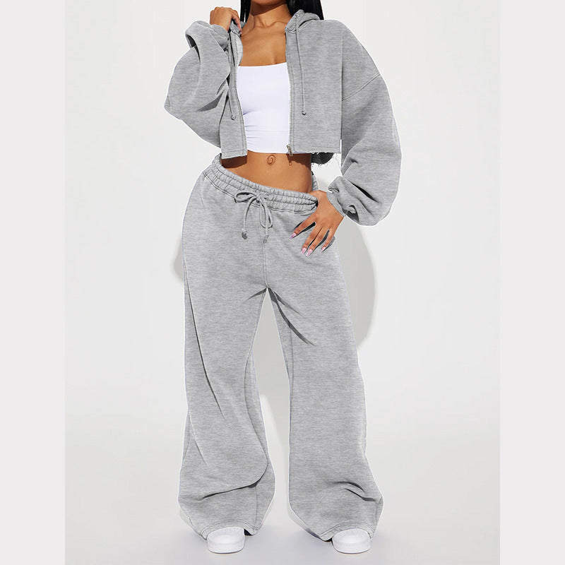 Women's Fleece Hooded Crop Top and Wide-Leg Jogger Lounge Set