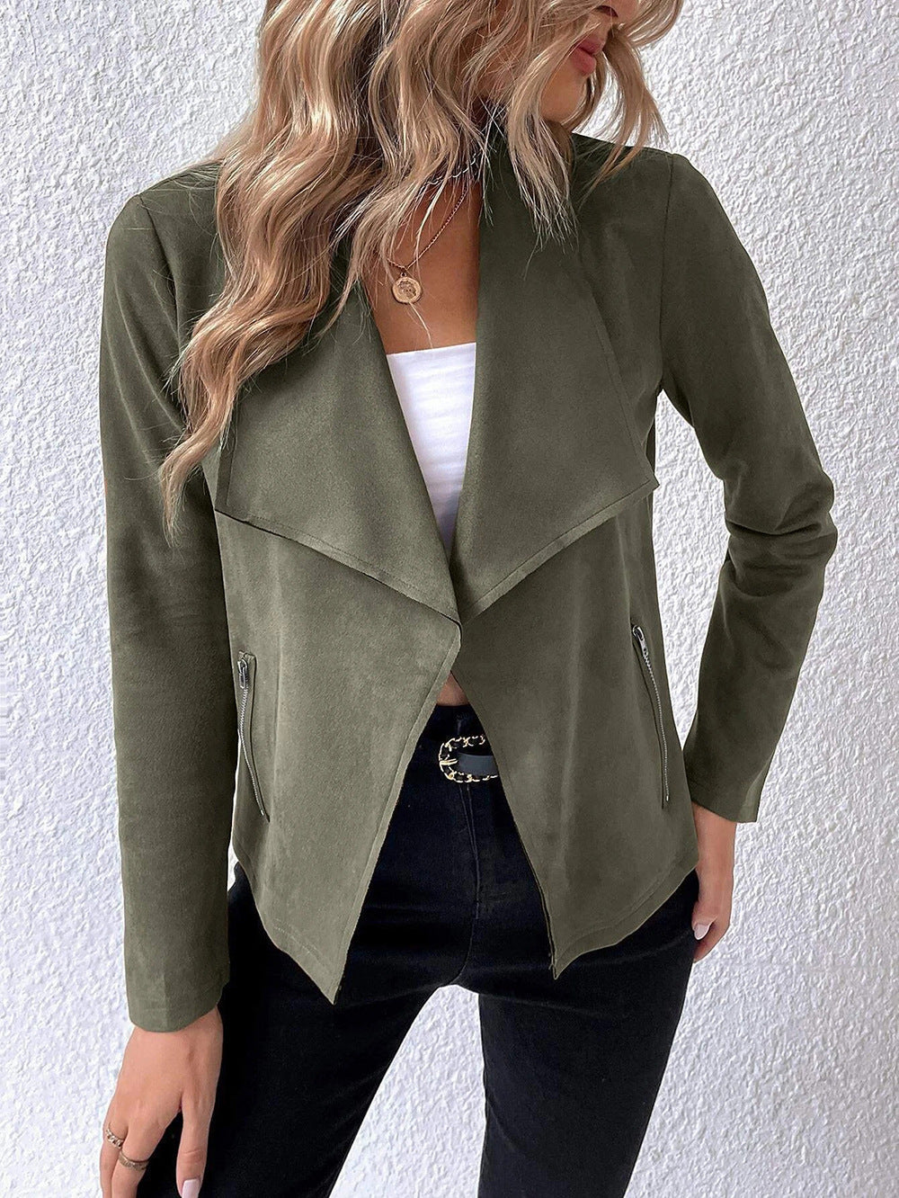 Women's Elegant Velour Jacket with Asymmetric Lapel and Zipper Pockets