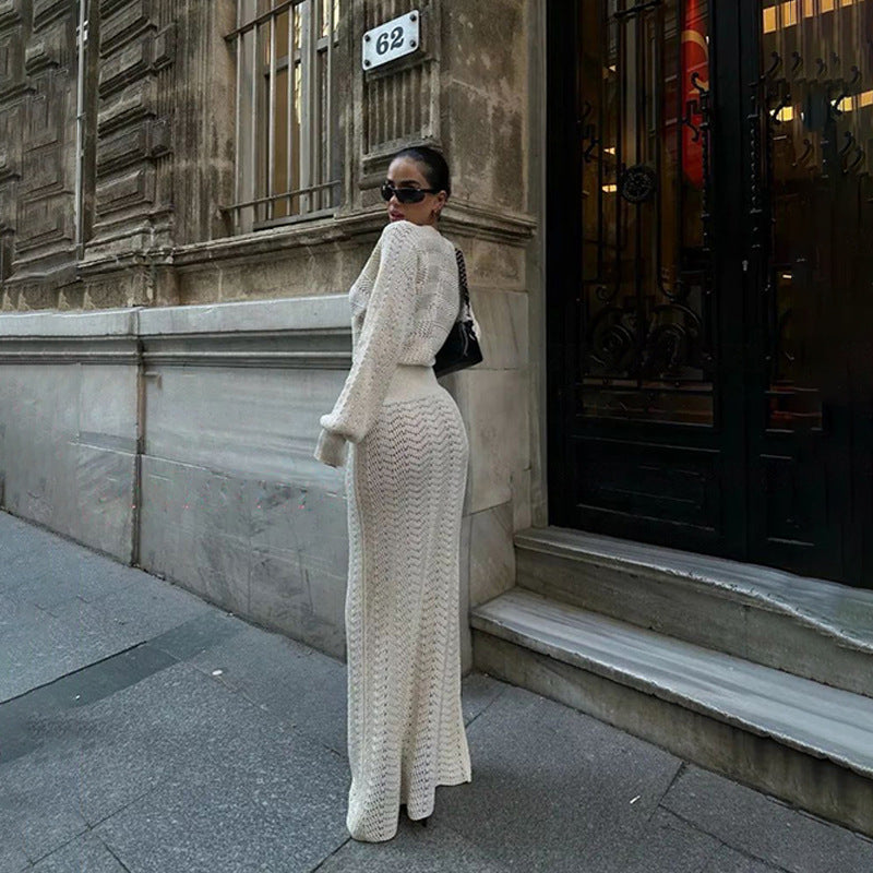 Elegant Crocheted Maxi Dress with Deep V-Neck