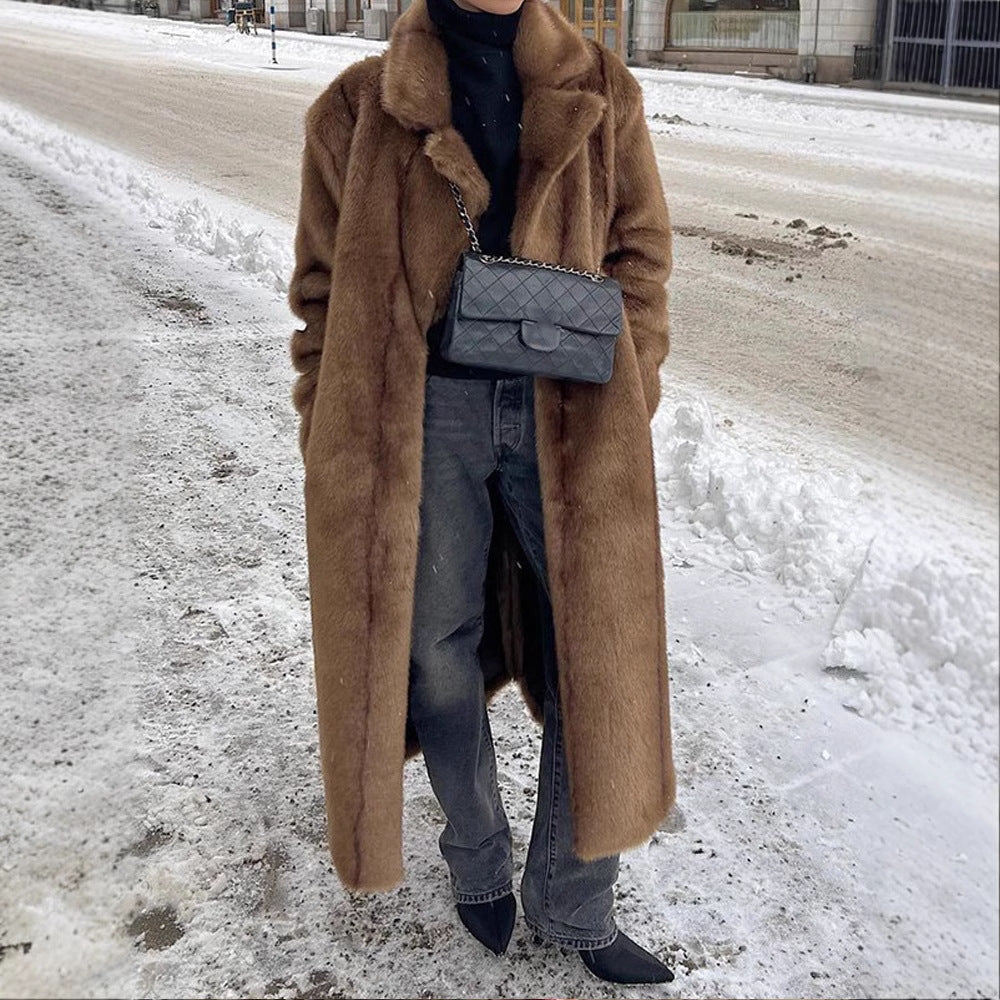 Women's Long Faux Fur Coat with Wide Lapel and Casual Fit