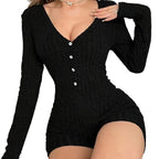 Women's Form-Fitting Jumpsuit with Deep V-Neck and Button Details