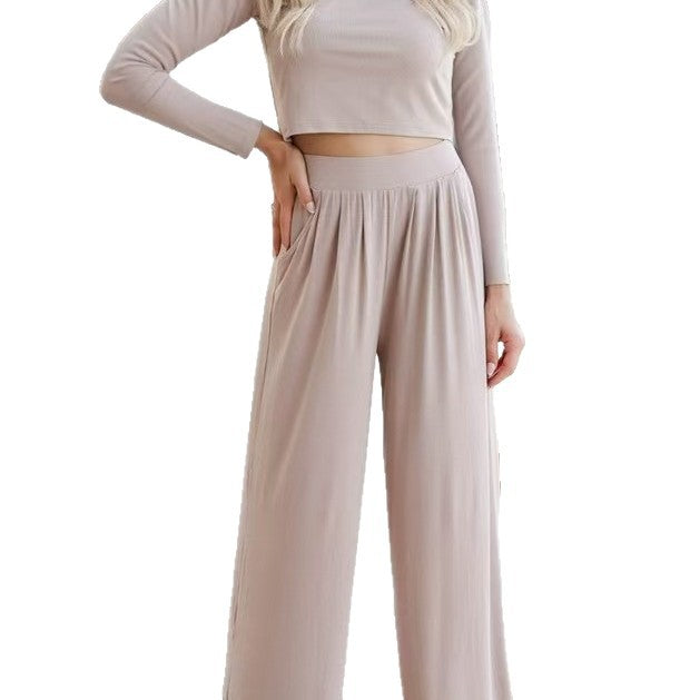 Women's Casual Set with Cropped Top and Wide Pants