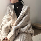 Women's Chunky Knit Cardigan with Oversized Cut and Diamond Pattern