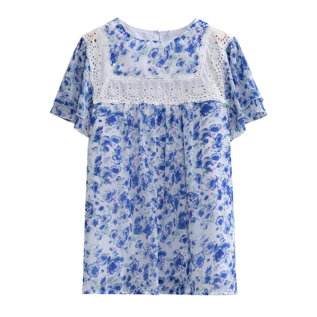 Women's Floral Blouse with Lace Trim