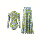 Women's Long-Sleeve Swimsuit with Floral Maxi Skirt