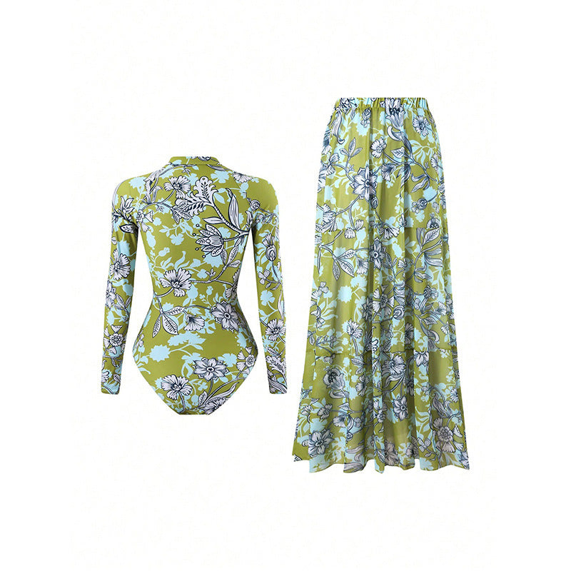 Women's Long-Sleeve Swimsuit with Floral Maxi Skirt