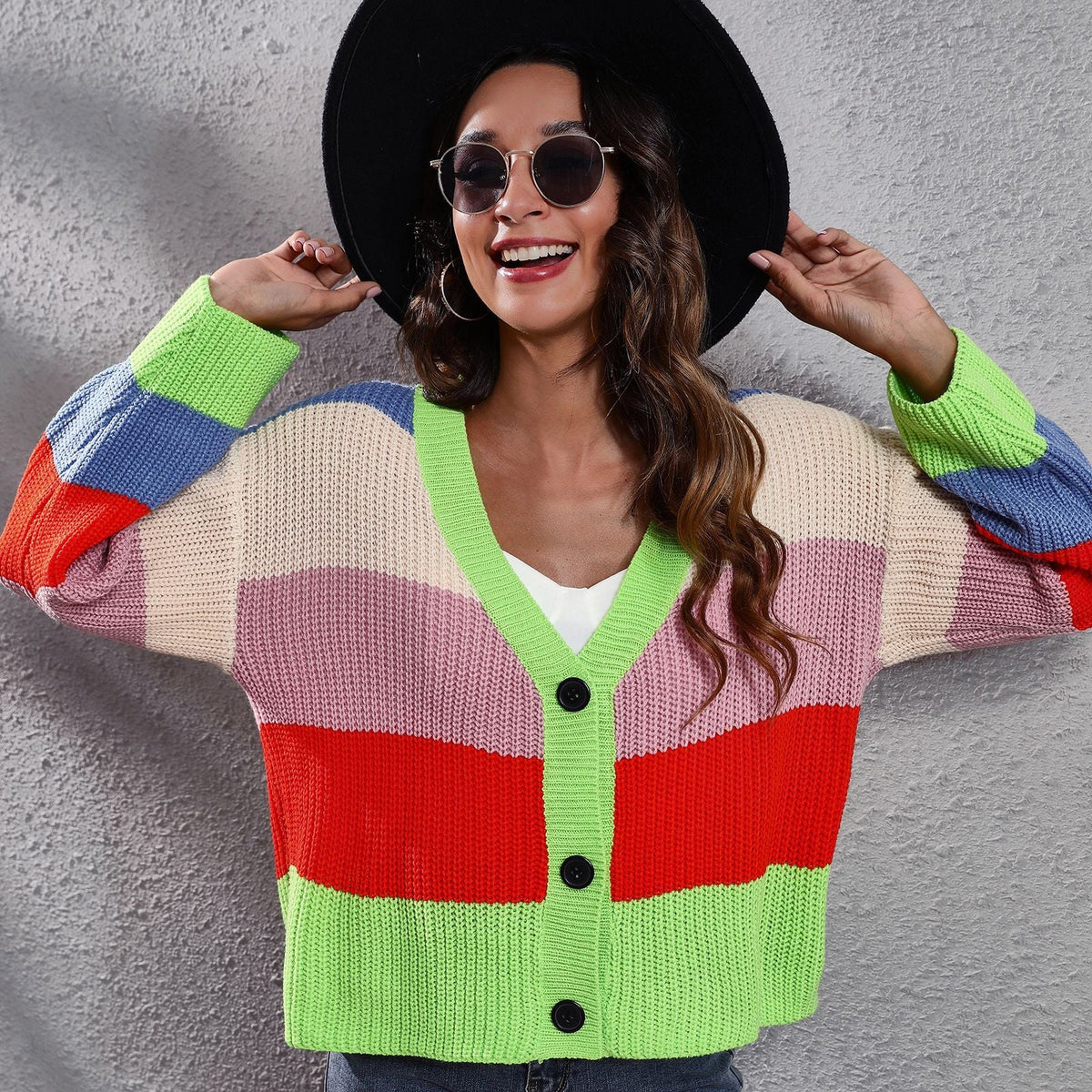 Women's Chunky Knit Cardigan with Button Details and Fashionable Color Play