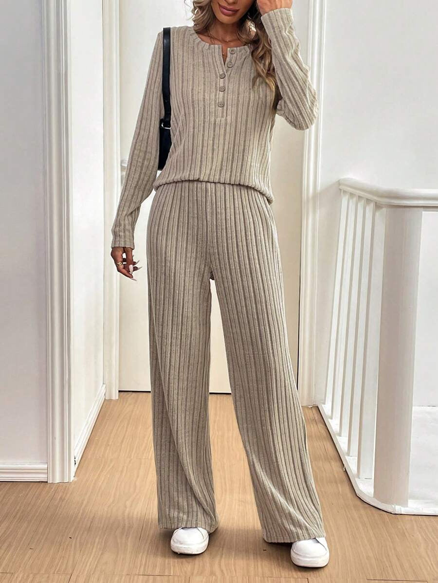 Casual Ribbed Lounge Set with Button Detail