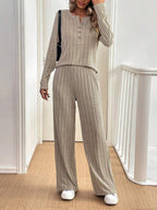 Casual Ribbed Lounge Set with Button Detail
