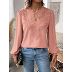 Women's Blouse with Embroidered V-Neck and Long Sleeves