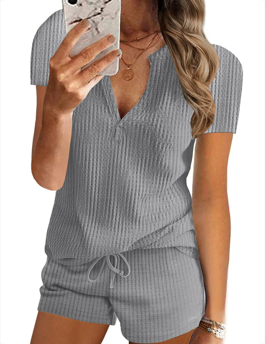 Women's Comfortable Lounge Set with V-Neck and Elastic Waistband