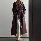 Women's Elegant Faux Leather Trench Coat with Belt and Pockets