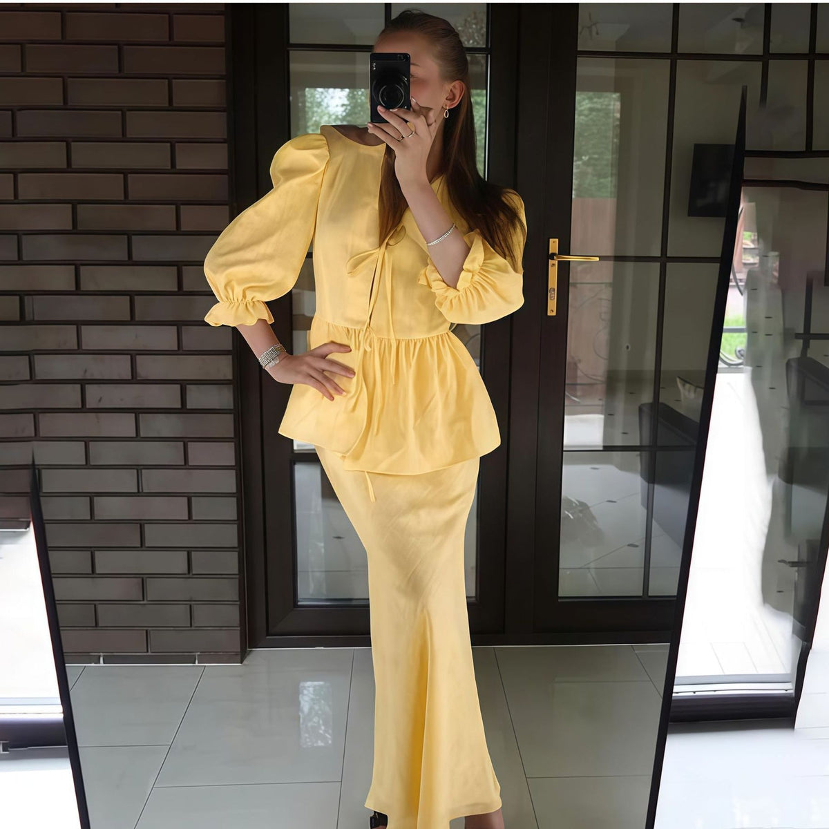 Women's Deep V-Neck Blouse with Ruffle Details