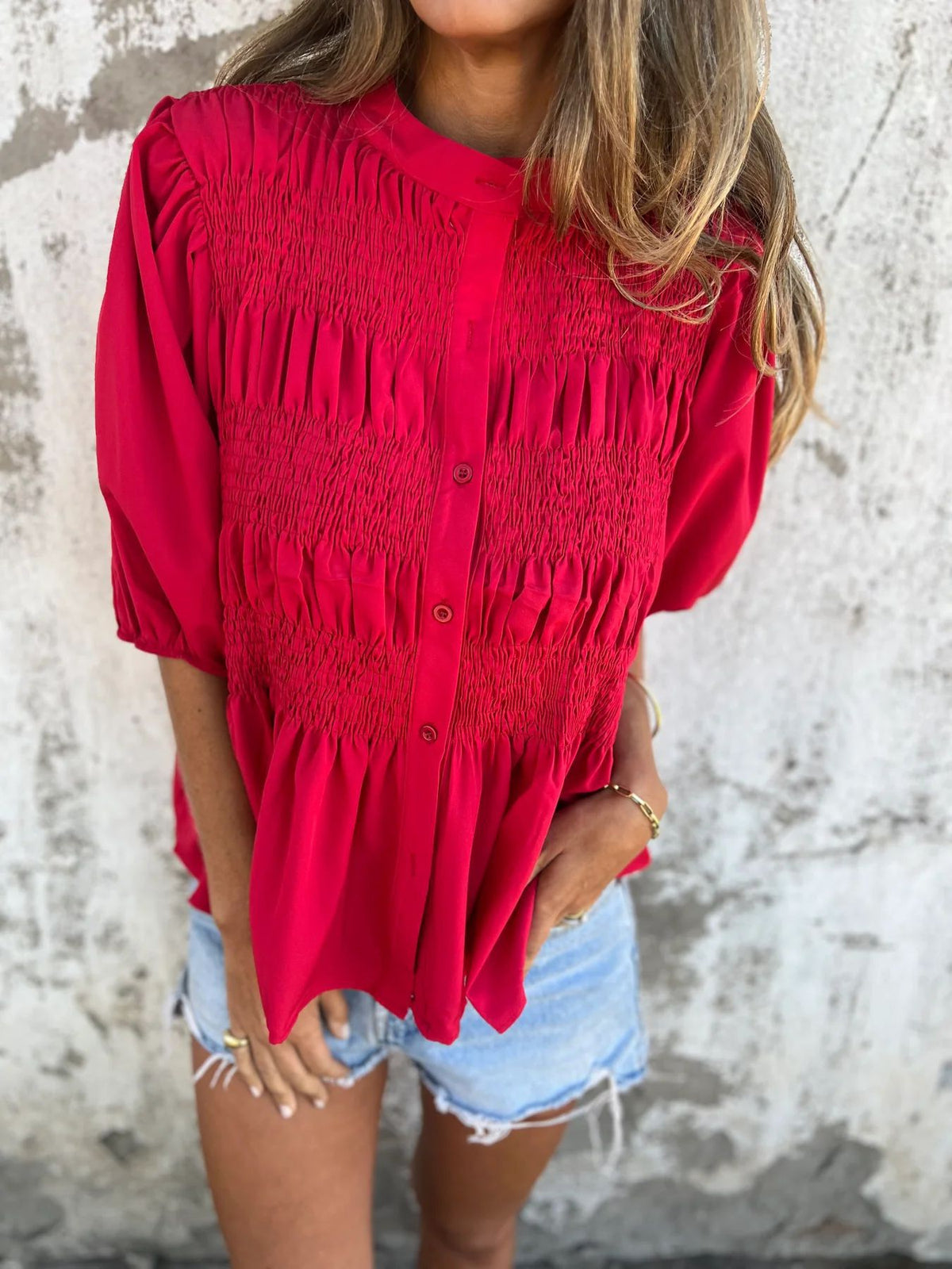 Women's Blouse with Ruching and Button Placket