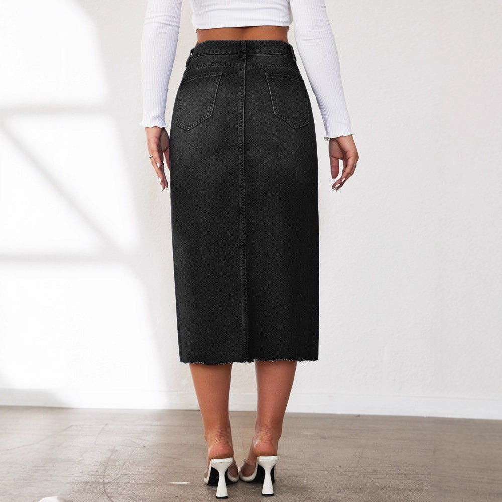 Women's Midi Denim Skirt with Slit and Casual A-Line Cut