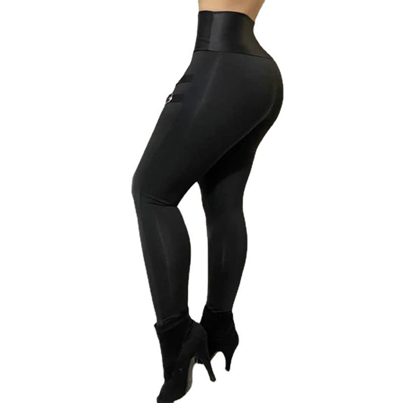 Women's Form-Fitting Faux Leather Leggings with Buckle Details