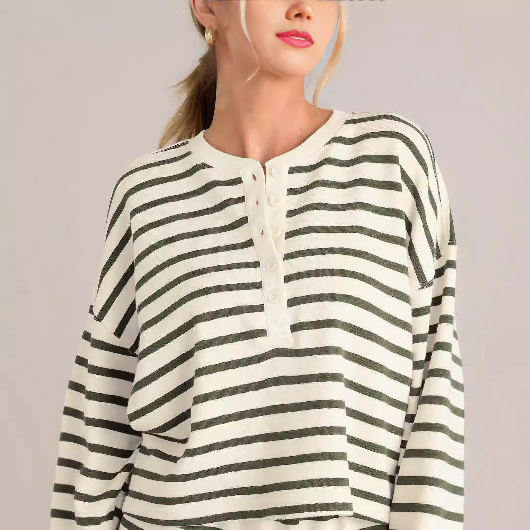 Women's Casual Striped Top and Shorts Sport-Look Set
