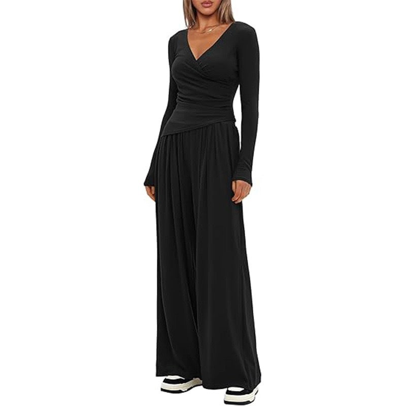 Women's Elegant Wrap Jumpsuit with Wide Leg and Fashionable Details