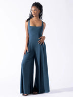 Elegant Jersey Jumpsuit with Wide Legs and Deep Neckline