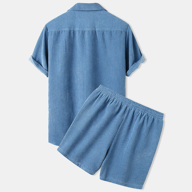Men's short-sleeve leisure set with waffle texture, lapel collar and drawstring pants