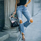 Women's High-Waisted Jeans with Frayed Details and Rips