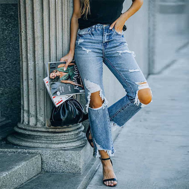 Women's High-Waisted Jeans with Frayed Details and Rips