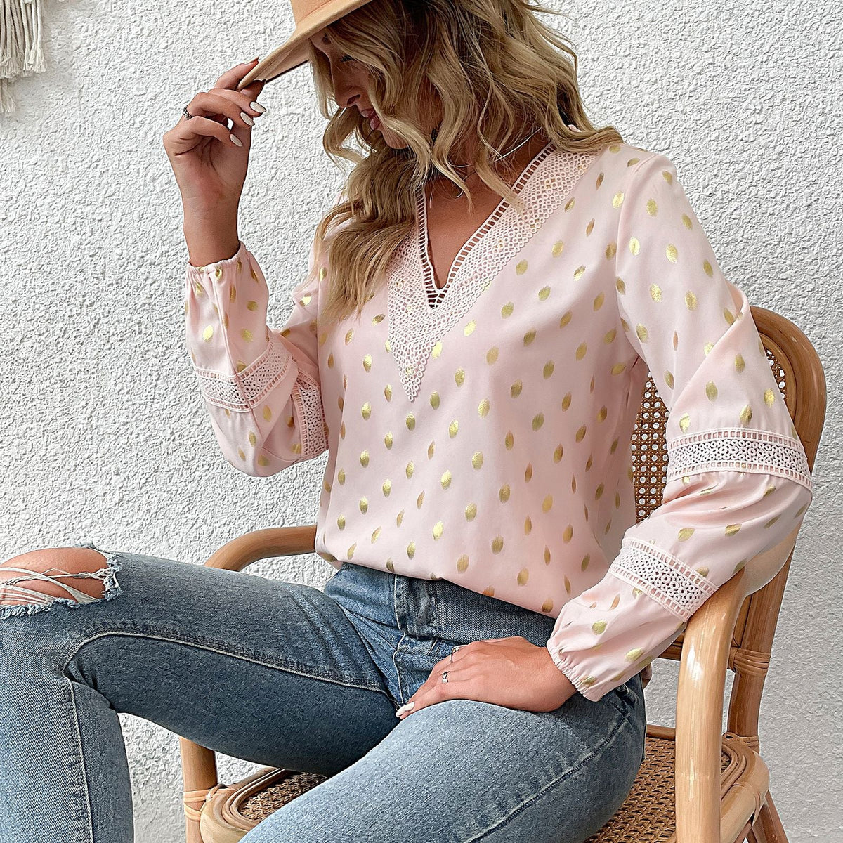 Women's V-Neck Blouse with Fine Eyelet Pattern