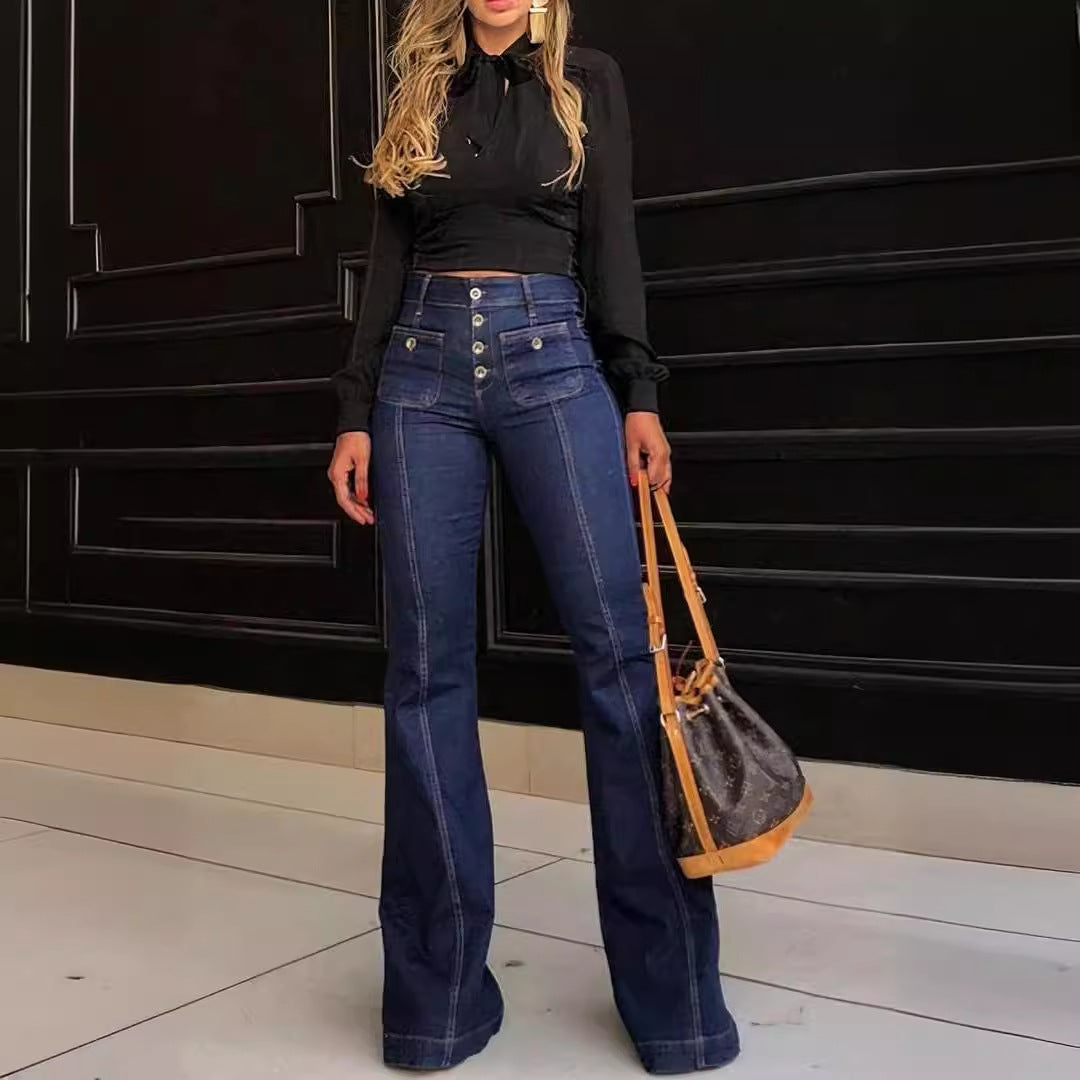 Women's High-Waisted Flare Jeans with Vintage Details