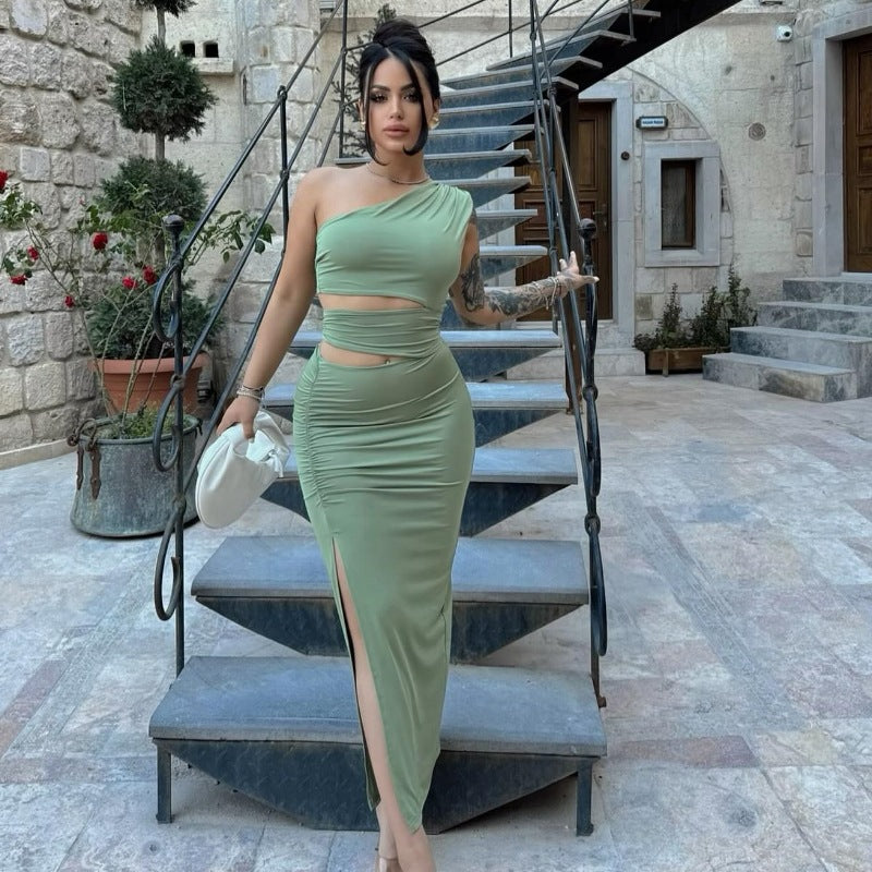 Women's Asymmetrical Ruffled Maxi Dress with High Side Slit