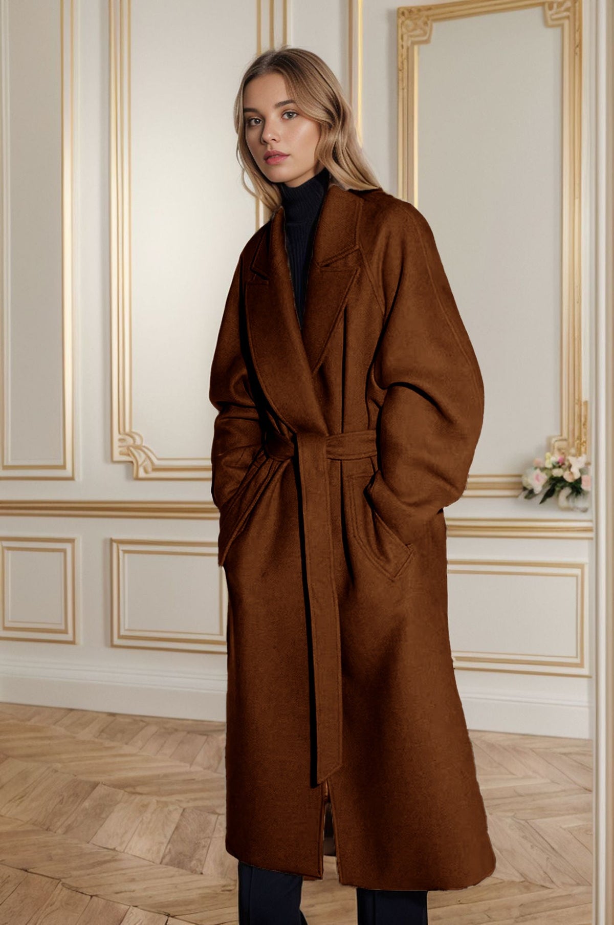 Women's Elegant Wool Coat with Belt and Wide Sleeves
