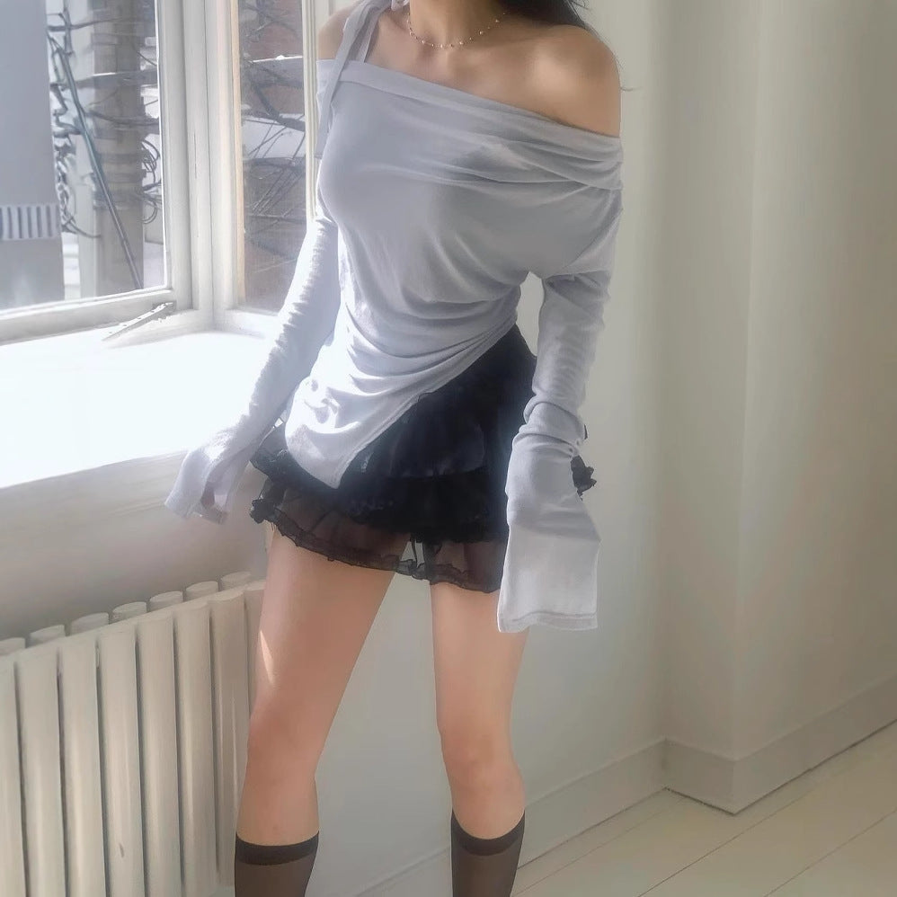 Women's Asymmetrical Long-Sleeve Top with Decorative Bow