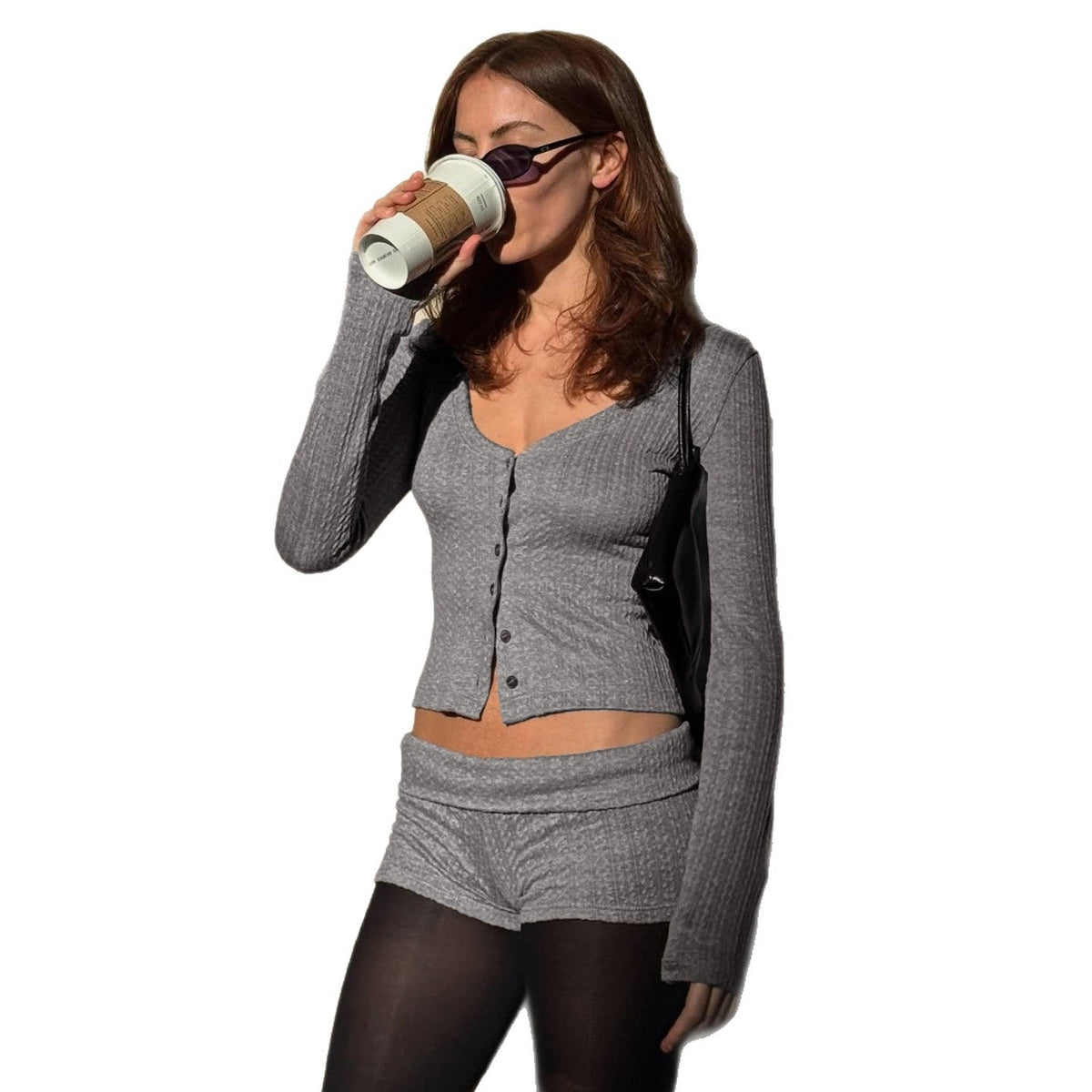 Women's Ribbed Lounge Set with U-Neck Cropped Cardigan and High-Waist Shorts